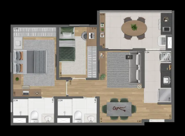 Planta Tipo A — 2 dormitórios, 55m²