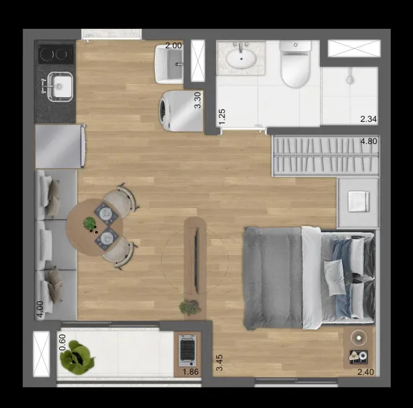 Planta Tipo C — 1 dormitório, 25m²